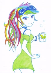 Size: 2452x3480 | Tagged: safe, artist:dragonemperror2810, character:rainbow dash, species:human, coffee mug, humanized, looking at you, looking back, mug, smiling, traditional art