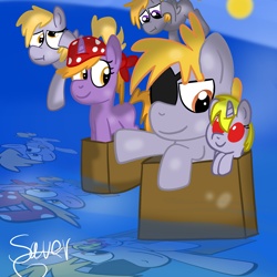 Size: 2000x2000 | Tagged: safe, artist:saveraedae, character:chirpy hooves, character:crackle pop, character:dinky hooves, character:dipsy hooves, newbie artist training grounds, episode:the cart before the ponies, g4, my little pony: friendship is magic, brother and sister, chirpy hooves, dizzy doo, eyepatch, ocean, pirate, siblings, water