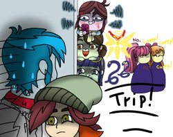 Size: 1008x800 | Tagged: safe, artist:pokecure123, character:blueberry cake, character:diwata aino, character:normal norman, character:orange sherbette, character:sophisticata, character:velvet sky, my little pony:equestria girls, background human, blueberry cake, chloe commons, gay, impending doom, male, naomi nobody, normbass, overwatch, sophisticata, thunderbass, trace, velvet sky