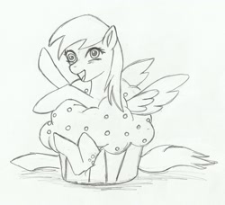 Size: 1481x1350 | Tagged: safe, artist:katkathasahathat, character:derpy hooves, species:pegasus, species:pony, cute, female, food, inside, mare, monochrome, muffin, pencil drawing, solo, traditional art