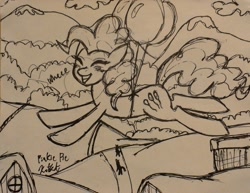 Size: 2090x1617 | Tagged: safe, artist:katkathasahathat, character:pinkie pie, species:earth pony, species:pony, balloon, blushing, eyes closed, female, floating, flying, monochrome, ponyville, smiling, solo, then watch her balloons lift her up to the sky, traditional art