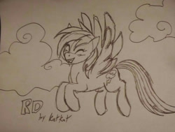 Size: 540x408 | Tagged: safe, artist:katkathasahathat, character:rainbow dash, cloud, eyes closed, female, flying, monochrome, pencil drawing, solo, traditional art