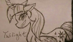 Size: 540x312 | Tagged: safe, artist:katkathasahathat, character:twilight sparkle, character:twilight sparkle (alicorn), species:alicorn, species:pony, calculator tape, female, monochrome, smiling, solo, traditional art