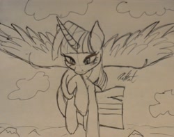 Size: 2151x1698 | Tagged: safe, artist:katkathasahathat, character:twilight sparkle, character:twilight sparkle (alicorn), species:alicorn, species:pony, cloud, female, flying, monochrome, simple background, sky, solo, traditional art, transparent background