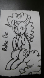 Size: 226x400 | Tagged: safe, artist:katkathasahathat, character:pinkie pie, species:pony, cute, eyes closed, female, monochrome, open mouth, sitting, solo, traditional art