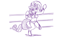 Size: 1280x770 | Tagged: safe, artist:katkathasahathat, character:rarity, species:anthro, species:unguligrade anthro, arm hooves, belly button, boob window, breasts, cleavage, diamond, female, mask, masked, midriff, monochrome, solo, wrestler, wrestling, wrestling ring