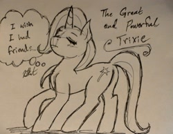 Size: 2064x1603 | Tagged: safe, artist:katkathasahathat, character:trixie, species:pony, species:unicorn, eyes closed, female, lonely, magic, mare, monochrome, solo, the great and friendless, thought bubble, traditional art