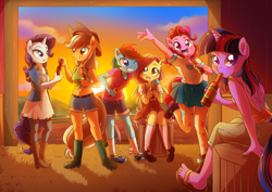 Size: 1414x1000 | Tagged: safe, artist:kelsea-chan, character:applejack, character:fluttershy, character:pinkie pie, character:rainbow dash, character:rarity, character:twilight sparkle, character:twilight sparkle (alicorn), species:alicorn, species:anthro, species:earth pony, species:pegasus, species:plantigrade anthro, species:pony, species:unicorn, apple cider (drink), belly button, belt, blushing, boots, breasts, cider, clothing, delicious flat chest, denim, dress, ear fluff, feet, female, flattershy, front knot midriff, looking at you, mane six, mary janes, midriff, one eye closed, pantyhose, pleated skirt, sandals, shirt, shoes, shorts, skirt, sneakers, socks, sunset, tank top, tights, wink