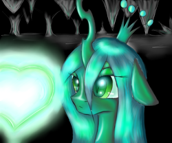 Size: 6000x5000 | Tagged: safe, artist:ruanshi, character:queen chrysalis, species:changeling, :<, absurd resolution, bust, cave, changeling queen, cute, cutealis, eye reflection, eyes on the prize, female, floppy ears, heart, magic, portrait, solo