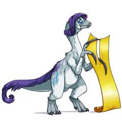 Size: 1280x1340 | Tagged: safe, artist:vertizontal, character:rarity, claws, cutting, dinosaur, fabric, feathered dinosaur, female, self harm, simple background, solo, species swap, therizinosaurus, tickle chicken, white background