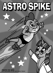 Size: 500x682 | Tagged: safe, artist:tim-kangaroo, character:spike, character:twilight sparkle, astro boy, black and white, crossover, flying, glasses, grayscale, open mouth, pointing, smiling