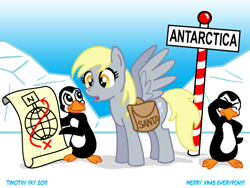 Size: 800x600 | Tagged: safe, artist:tim-kangaroo, character:derpy hooves, species:bird, species:pegasus, species:penguin, species:pony, bag, female, mare, snow, solo, went north to get the southern birds