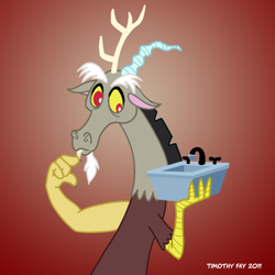 Size: 600x600 | Tagged: safe, artist:tim-kangaroo, character:discord, species:draconequus, claw hold, fangs, gradient background, kitchen sink, male, signature, solo, thinking