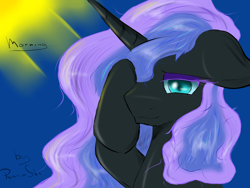 Size: 4000x3000 | Tagged: safe, artist:ruanshi, character:nightmare moon, character:princess luna, female, floppy ears, messy mane, morning ponies, nicemare moon, solo, sun