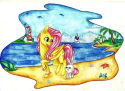 Size: 1024x745 | Tagged: safe, artist:twixyamber, character:angel bunny, character:fluttershy, beach, lighthouse, traditional art