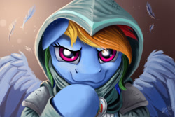 Size: 1400x933 | Tagged: safe, artist:vittorionobile, character:rainbow dash, episode:dungeons & discords, :3c, feather, female, rainbow rogue, rogue, solo