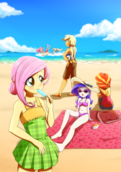 Size: 1000x1419 | Tagged: safe, artist:kelsea-chan, character:applejack, character:fluttershy, character:pinkie pie, character:rainbow dash, character:rarity, character:sunset shimmer, my little pony:equestria girls, alternate hairstyle, attached skirt, barefoot, beach, belly button, bikini, breasts, clothing, cute, delicious flat chest, dessert, dress, feet, flattershy, green swimsuit, midriff, moe, ocean, one-piece swimsuit, popsicle, purple swimsuit, swimsuit