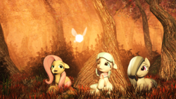 Size: 1920x1080 | Tagged: safe, artist:powdan, character:coco pommel, character:fluttershy, character:marble pie, 3d, autumn, cocobetes, cute, enjoying, forest, gmod, group, happy, marblebetes, navi, the council of shy ponies, the legend of zelda, the legend of zelda: ocarina of time