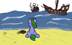 Size: 1280x800 | Tagged: safe, artist:saria the frost mage, oc, oc only, oc:clover patch, species:earth pony, species:pony, a foal's adventure, bag, beach, blank flank, child, cyoa, female, filly, foal, ocean, pirate ship, sand, ship, smoke, story included, water, wave