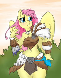 Size: 1800x2295 | Tagged: safe, artist:atryl edits, artist:mrponeswildride, edit, character:fluttershy, species:anthro, barbarian, belly button, blushing, clothing, color edit, colored, leather, leather straps, loincloth, midriff, skirt