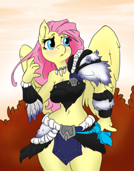 Size: 1800x2295 | Tagged: safe, artist:atryl edits, artist:mrponeswildride, edit, character:fluttershy, species:anthro, barbarian, belly button, blushing, clothing, color edit, colored, leather, loincloth, midriff, skirt