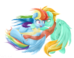 Size: 1024x807 | Tagged: safe, artist:redheadfly, character:lightning dust, character:rainbow dash, species:pony, ship:rainbowdust, clothing, female, lesbian, mare, scarf, shipping, watermark