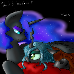 Size: 5000x5000 | Tagged: safe, artist:ruanshi, character:nightmare moon, character:princess luna, character:queen chrysalis, species:changeling, species:pony, ship:chrysmoon, absurd resolution, blanket, female, hug, lesbian, mare, shipping, snuggling, winghug