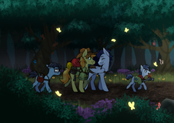 Size: 3541x2508 | Tagged: safe, artist:sinclair2013, character:braeburn, character:shady daze, character:soarin', parent:braeburn, parent:soarin', parents:soarburn, species:bird, species:pony, ship:soarburn, adopted offspring, background pony, butterfly, camera, camping, camping trip, colt, comic geek pony, commission, cute, everypony's gay for braeburn, eyes closed, family, father, father and son, flower, forest, gay, glasses, hike, looking back, magical gay spawn, male, mushroom, nerd, saddle bag, scout, scout uniform, shipping, son, splash panel, squirrel, story included, sweat, tree, walking