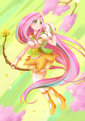 Size: 1000x1419 | Tagged: safe, artist:kelsea-chan, character:angel bunny, character:fluttershy, species:human, archer, archery, bow (weapon), clothing, cute, duo, high heels, humanized, magical girl, rainbow power, rainbow power-ified, shyabetes, skirt, weapon