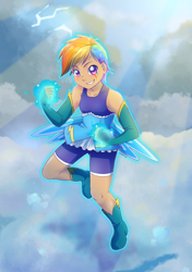 Size: 1000x1419 | Tagged: safe, artist:kelsea-chan, character:rainbow dash, species:human, cloud, female, humanized, looking at you, magical girl, solo, winged humanization