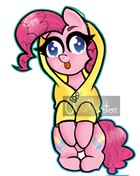 Size: 971x1219 | Tagged: safe, artist:oreomonsterr, character:pinkie pie, species:pony, clothing, derp, female, hoodie, silly, silly pony, solo, tongue out, watermark