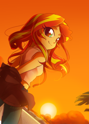 Size: 800x1120 | Tagged: safe, artist:kelsea-chan, character:sunset shimmer, my little pony:equestria girls, clothing, cute, female, jacket, looking at you, looking back, looking back at you, pants, shimmerbetes, smiling, solo, sun, sunset, sunset shimmer day, tank top