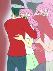 Size: 768x1024 | Tagged: safe, artist:brickercupmasterx3, character:fluttershy, character:timber spruce, equestria girls:legend of everfree, g4, my little pony: equestria girls, my little pony:equestria girls, blushing, crying, embrace, hug, male, shipping, straight, timbershy, waifu thief