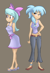 Size: 542x792 | Tagged: safe, artist:ric-m, character:cloudchaser, character:flitter, species:human, bow, breasts, clothing, duo, feet, female, flats, gray background, hair bow, humanized, pants, sandals, shirt, shoes, simple background, smiling, toes