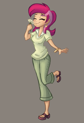 Size: 542x792 | Tagged: safe, artist:ric-m, character:roseluck, species:human, cute, cuteluck, ear piercing, earring, eyes closed, feet, female, flower, gray background, humanized, jewelry, piercing, sandals, simple background, smiling, solo, toes