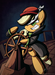 Size: 1600x2200 | Tagged: safe, artist:therandomjoyrider, character:applejack, species:pony, episode:p.p.o.v. (pony point of view), g4, my little pony: friendship is magic, beanie, bipedal, captain jackbeard, clothing, coat, female, hat, ship, signature, solo