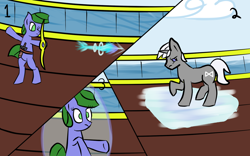 Size: 1280x800 | Tagged: safe, artist:saria the frost mage, oc, oc only, oc:clover patch, oc:silverwind (a foal's adventure), species:earth pony, species:pony, species:unicorn, a foal's adventure, aiming, angry, arrow, belt, bow (weapon), bow and arrow, bubble, child, cutie mark, cyoa, female, fight, filly, firing, frown, horn, ice, knife, magic, ocean, one eye closed, pirate, pirate ship, railing, ship, shocked, sparring, story included, weapon, wood