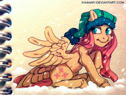 Size: 1000x755 | Tagged: safe, artist:ka-samy, character:fluttershy, clothing, female, hat, sitting, snow, snowfall, solo, spread wings, traditional art, unshorn fetlocks, wings