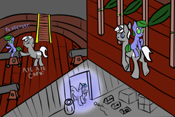 Size: 1200x800 | Tagged: safe, artist:saria the frost mage, oc, oc only, oc:clover patch, oc:silverwind (a foal's adventure), species:earth pony, species:pony, species:unicorn, a foal's adventure, aura, barrel, box, cannon, child, crate, female, filly, foal, hammock, horn, light, mage, magic, male, moaning, pirate, pirate ship, ship, spell, stallion, story included, wood