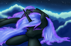 Size: 7000x4500 | Tagged: safe, artist:ruanshi, character:nightmare moon, character:princess luna, species:alicorn, species:pony, absurd resolution, cloud, cute, eyes closed, female, moonabetes, night, prone, sleeping, solo, stars