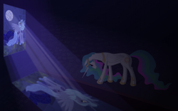 Size: 1285x800 | Tagged: safe, artist:grayma1k, character:princess celestia, character:princess luna, species:alicorn, species:pony, female, moon, moonlight, solo, stained glass, tally marks