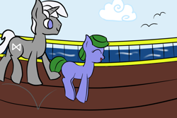 Size: 1200x800 | Tagged: safe, artist:saria the frost mage, oc, oc only, oc:clover patch, oc:silverwind (a foal's adventure), species:pony, species:seagull, species:unicorn, a foal's adventure, adult, bouncing, child, cloud, color, cutie mark, cyoa, female, filly, foal, horn, mage, male, ocean, pirate, pirate ship, railing, ship, sky, smiling, stallion, story included