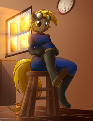 Size: 900x1170 | Tagged: safe, artist:kelsea-chan, oc, oc only, oc:golden gear, species:anthro, species:plantigrade anthro, species:pony, species:unicorn, boots, clock, dressing, overalls, solo