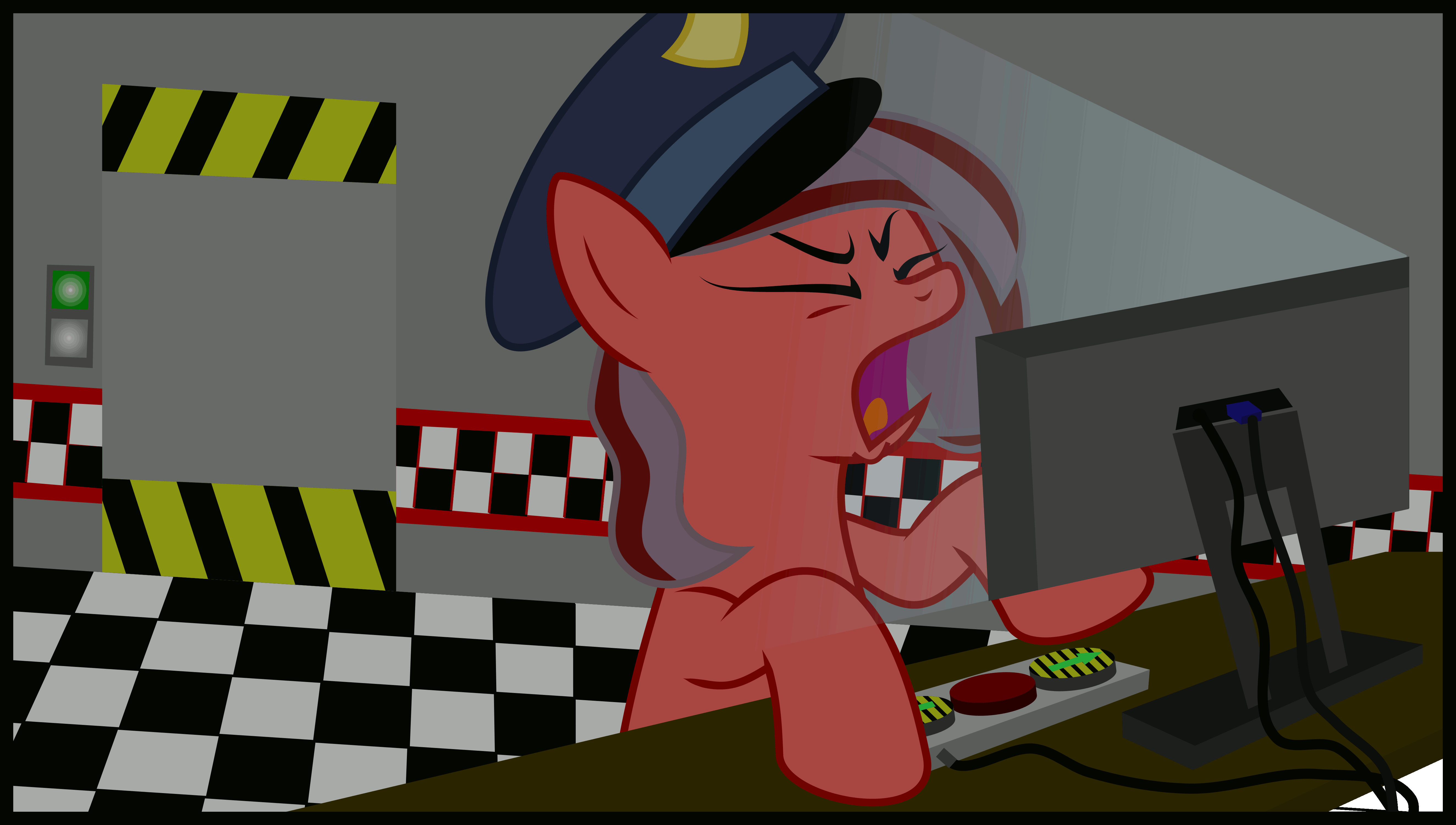 Size: 5296x3000 | Tagged: safe, artist:ruinedomega, oc, oc:ademitia, ponyscape, animated, animatronic, buttons, clothing, computer, five nights at freddy's, gif, hat, inkscape, scared, vector, video game