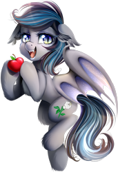 Size: 1250x1825 | Tagged: safe, artist:meotashie, oc, oc only, oc:daturea eventide, species:bat pony, species:pony, apple, floating, floppy ears, fruit, lidded eyes, looking at you, open mouth, simple background, smiling, solo, spread wings, transparent background, wings