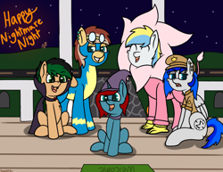 Size: 1056x816 | Tagged: safe, artist:koonzypony, oc, oc only, oc:chocolate pony, oc:cirrus sky, oc:lace works, oc:melting, oc:sapphire sights, oc:starry gaze, species:bat, species:bat pony, species:hippogriff, species:pegasus, species:pony, species:unicorn, annoyed, big cat, chocolate, clothing, costume, excited, eyes closed, fangs, femboy, fluffy, food, frown, grin, halloween, happy, lidded eyes, lion, male, nightmare night, open mouth, piercing, police, police officer, sitting, smiling, smirk, trick or treat, unamused, vampire, weeping angel, witch, wonderbolts