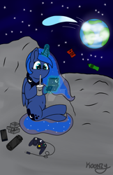 Size: 1024x1582 | Tagged: safe, artist:koonzypony, character:princess luna, species:alicorn, species:pony, gamer luna, 3ds, chips, comet, doritos, drink, earth, female, food, gamecube, iphone, levitation, magic, moon, moon cheese, on the moon, psp, solo, space, stars, telekinesis, watermark