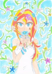 Size: 2472x3484 | Tagged: safe, artist:dragonemperror2810, character:sunset shimmer, my little pony:equestria girls, female, flower, flower in hair, humanized, solo, traditional art