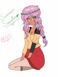 Size: 768x1024 | Tagged: safe, artist:brickercupmasterx3, oc, oc only, oc:summer saunter, parent:fluttershy, parent:timber spruce, parents:timbershy, equestria girls:legend of everfree, g4, my little pony: equestria girls, dark skin, flower, flower in hair, human coloration, lidded eyes, offspring, one eye closed, simple background, solo, white background, wink