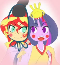 Size: 831x899 | Tagged: safe, artist:nipa, character:sunset shimmer, character:twilight sparkle, ship:sunsetsparkle, my little pony:equestria girls, :d, alternate costumes, alternate hairstyle, blush sticker, blushing, clothing, crossdressing, emperor, empress, female, heian period, hinamatsuri, humanized, japanese doll festival, junihitoe, kimono (clothing), lesbian, looking at each other, shipping